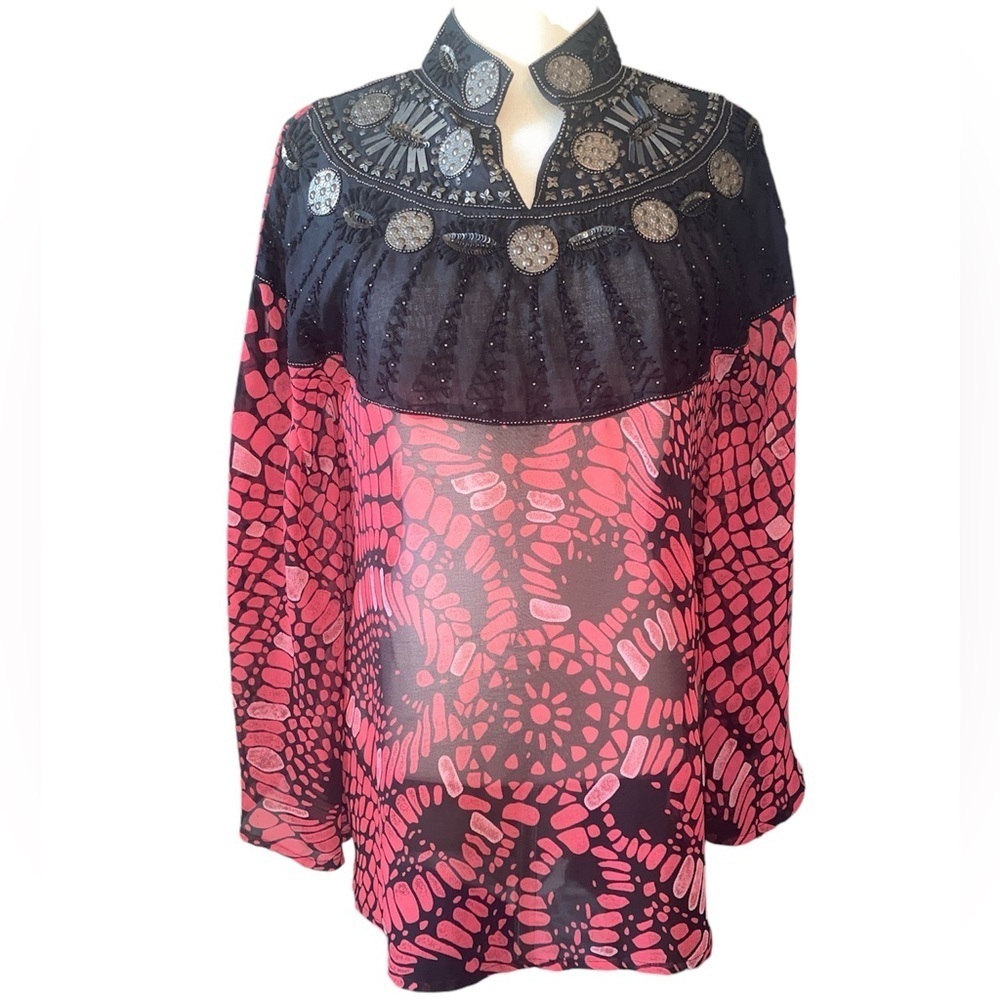 Kyra Kreations blouse sheer butterfly wing sleeves embellished Sz SM NWT